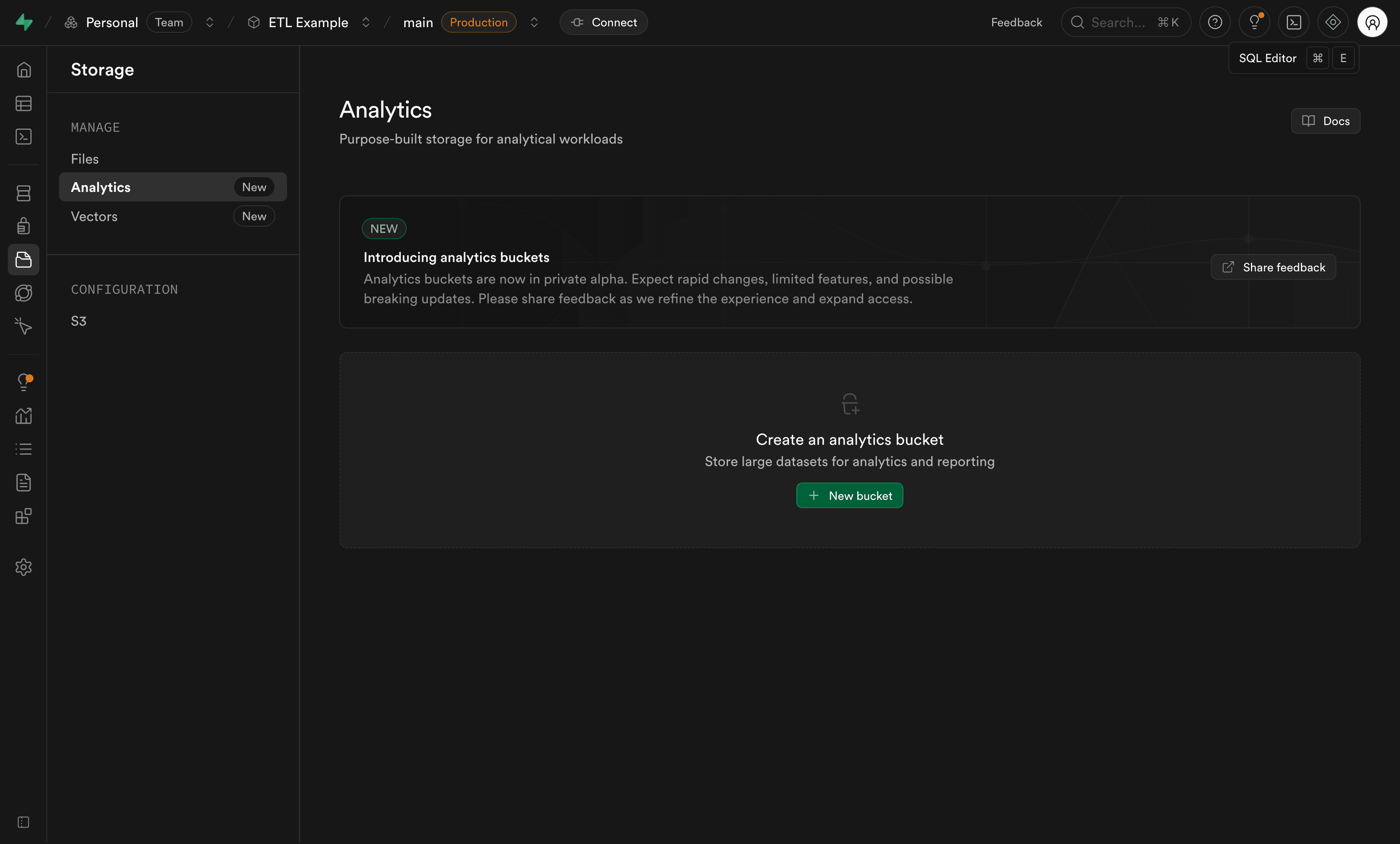 Creating a new analytics bucket