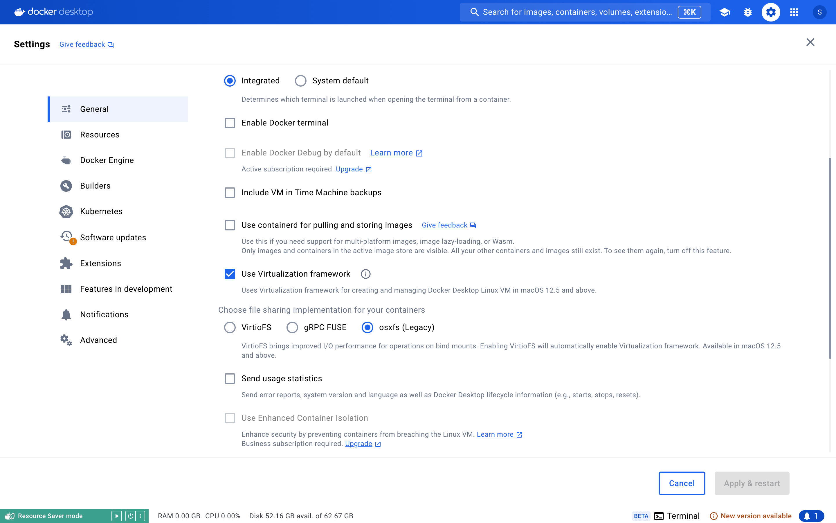 Docker settings on Mac: Select Integrated, Virtualization Framework, and osxfs