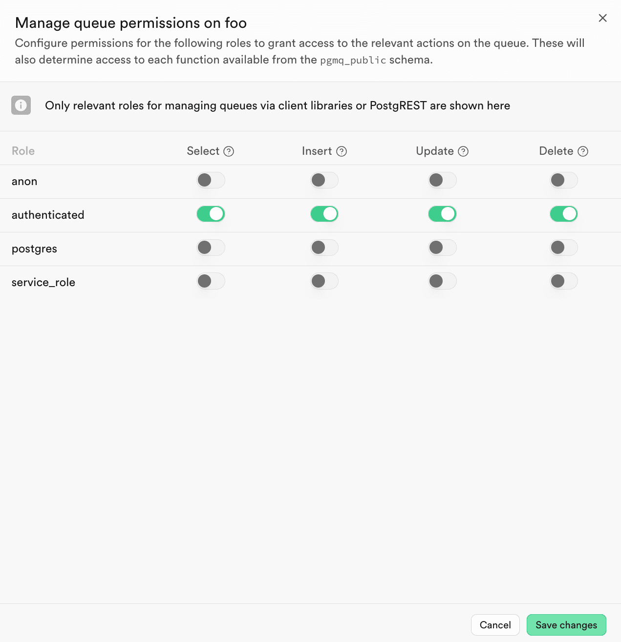 Screenshot of configuring API access for roles from the Queues settings