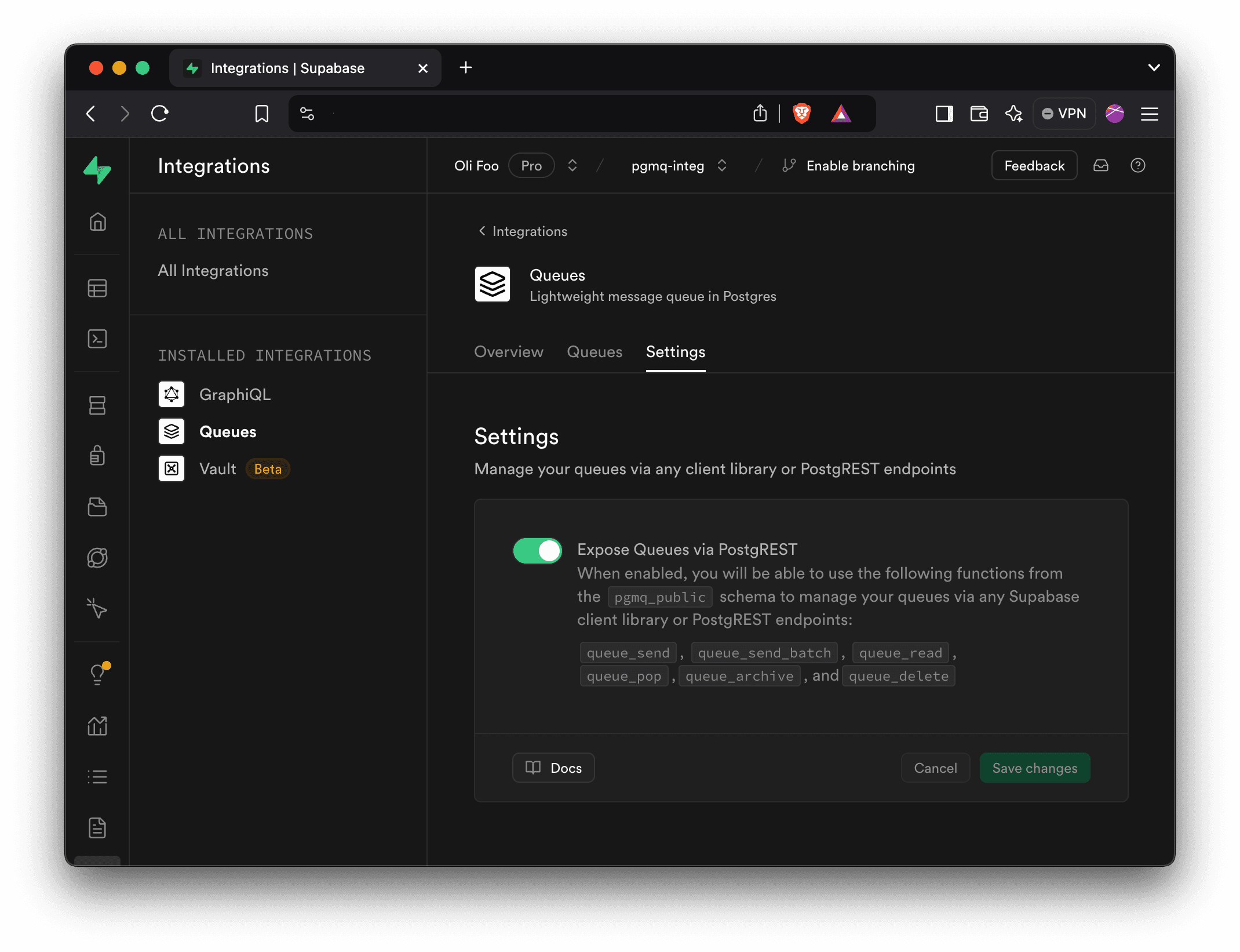 Screenshot of Queues settings with toggle to expose to PostgREST