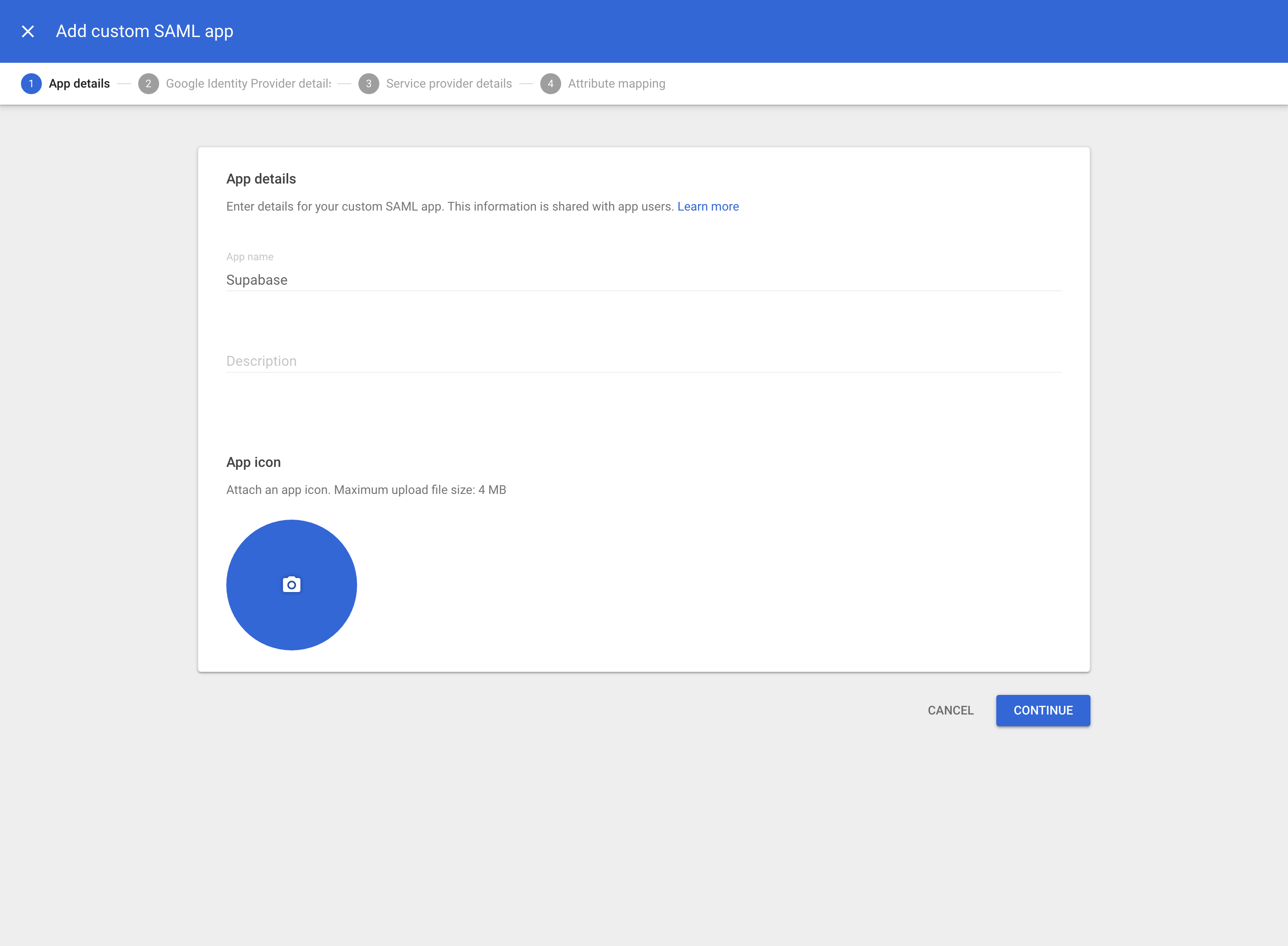 Google Workspace: Web and mobile apps admin console, Add custom SAML, App details screen